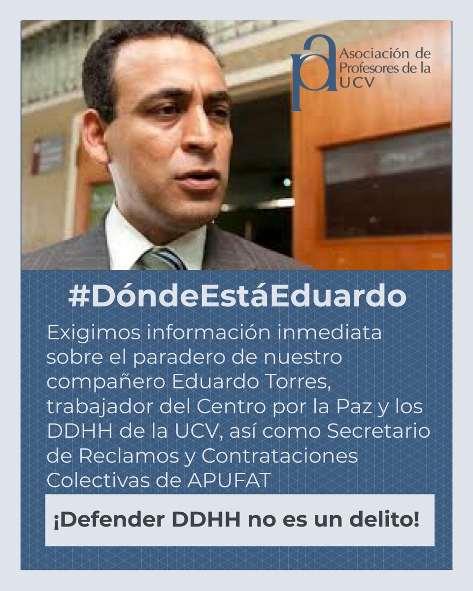 Eduardo Torres es un abogado en ejercicio, participante en el postgrado de Derecho Penal de la UCV, empleado administrativo y directivo sindical en la UCV. Parte de PROVEA en la defensa de los DDHH
NO HA COMETIDO NINGÚN DELITO!
ES INOCENTE!
DEBE SER LIBERADO DE INMEDIATO!