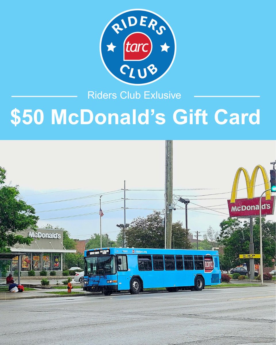 🍔 TARC Riders Club Giveaway! 🚍
Win a $50 McDonald’s gift card — just for riding with us! 

How to enter:
1️⃣Be a TARC Riders Club member
2️⃣Have a registered MyTARC Card
 3⃣ Follow us
4️⃣Share this post

📅Enter by May 16
🎁Winner announced May 19