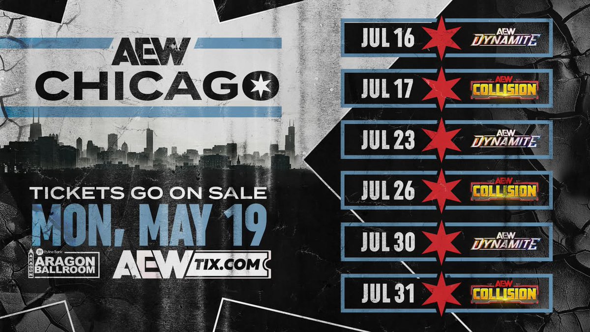 Byline Bank Aragon Ballroom (@aragonballroom) on Twitter photo CHICAGO! All Elite Wrestling (<a href="/AEW/">All Elite Wrestling</a>) returns to the legendary Byline Bank Aragon Ballroom for an epic summer of professional wrestling! Premium early access tickets are on sale now, presale starts tomorrow at 10am CT and tickets are on sale to the general public Monday at 10am! CHICAGO! All Elite Wrestling (<a href="/AEW/">All Elite Wrestling</a>) returns to the legendary Byline Bank Aragon Ballroom for an epic summer of professional wrestling! Premium early access tickets are on sale now, presale starts tomorrow at 10am CT and tickets are on sale to the general public Monday at 10am!