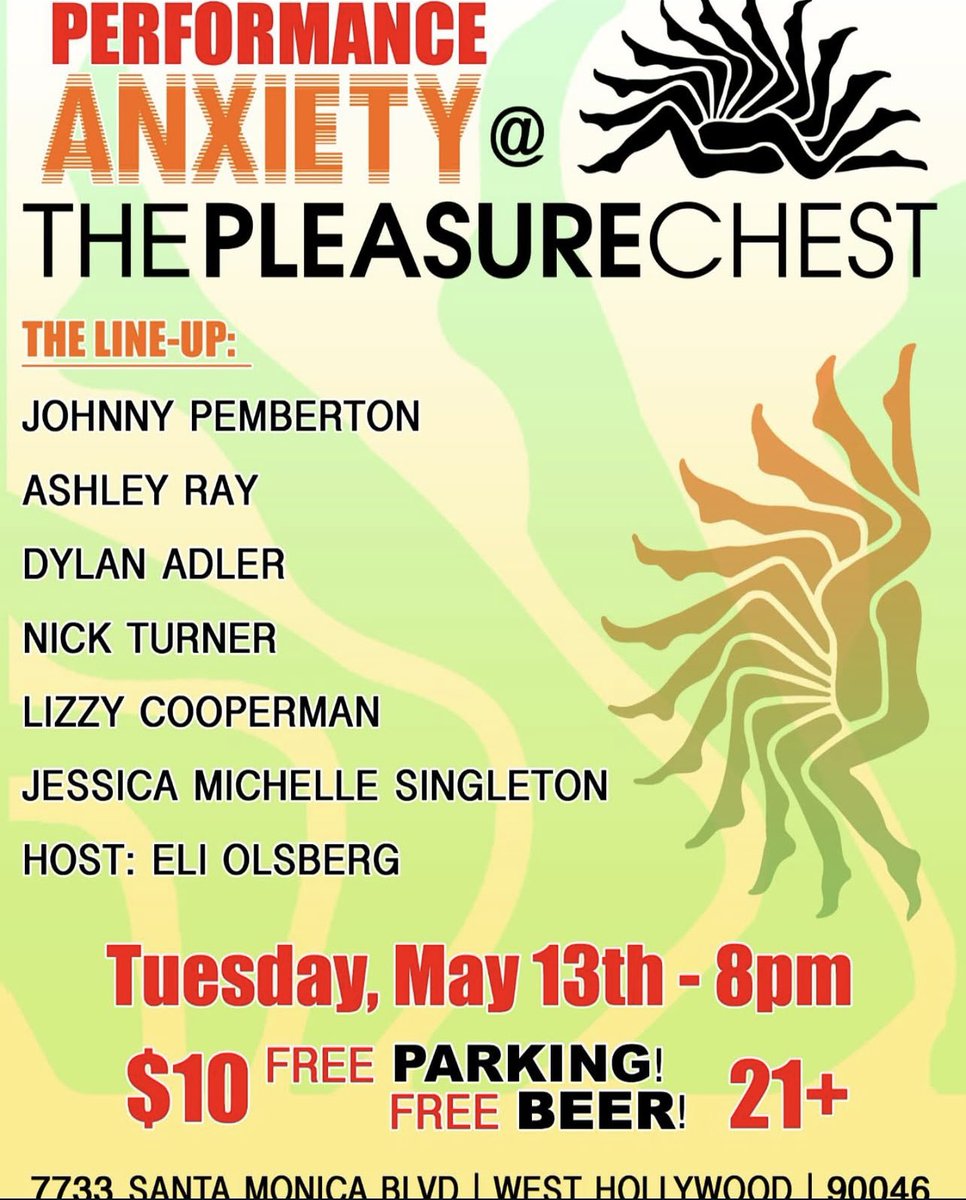 PerformAnxiety's tweet image. TONIGHT! Come to @PleasureChestLA 8pm to see @JOHNNYPEMBERTON @theashleyray @DylanAdler6 @NicksTurners Lizzy Cooperman @JMScomedy @EliOlsberg Free beer, free parking, 15% off any in-store purchases! Get tix: eventbrite.com/e/performance-…