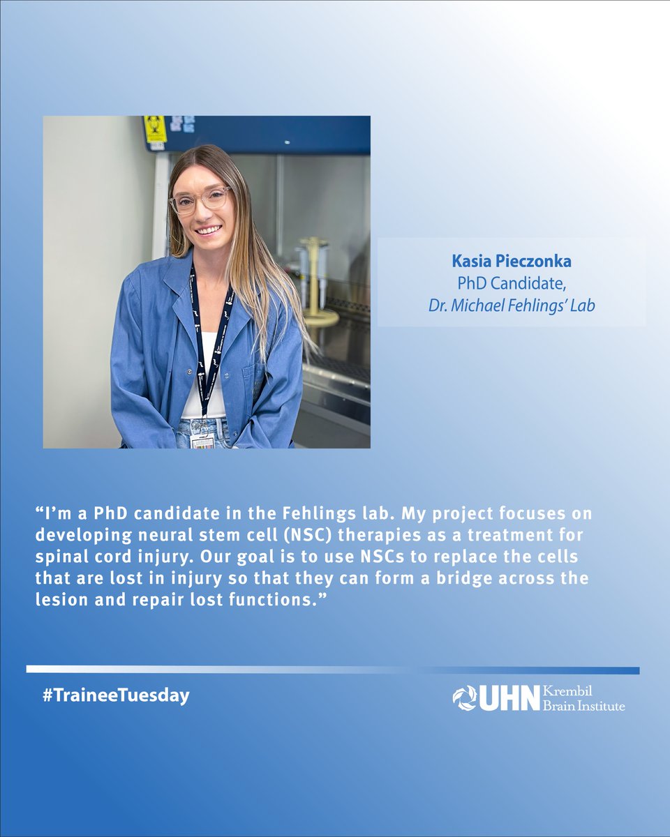 KBI_UHN's tweet image. It&apos;s #TraineeTuesday! 🥼

This week, we want you to meet 🧫Kasia🧫

For the next few hours we&apos;ll be following Kasia, a trainee in @DrFehlings&apos; lab.

Make sure to follow along via our IG Story! 📲

🔗: instagram.com/krembilresearch

#SpinalCordInjury #NeuralStemCell #NSC