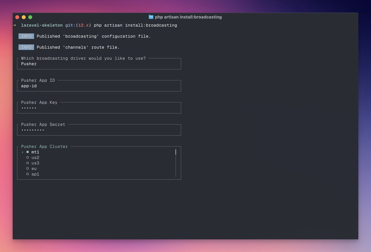 taylorotwell's tweet image. We just shipped big improvements to Laravel Echo. 📡
First, the install:broadcasting experience is improved. We now prompt you for the relevant credentials, write the corresponding .env variables, and more.