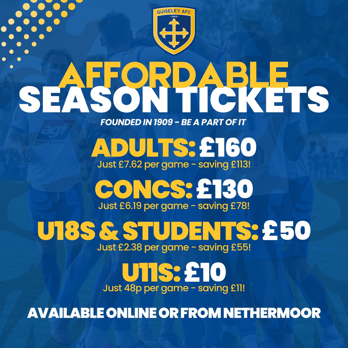 🦁 | Be a part of the 2025/26 campaign with our affordable season tickets! 

Prices have been frozen with an adult and child able to watch the Lions for just £8.10 a match.

You can order online at any time, get yours now: guiseleyafc.co.uk/2025-26-season…

#GAFC #GuiseleyTogether