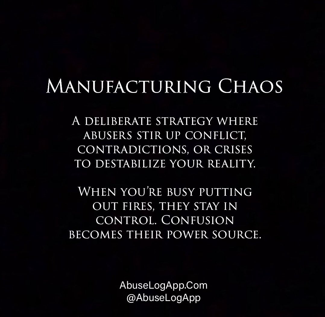 Manufacturing chaos is a narcissist’s favorite tactic—confusion keeps them in control. If you’re busy putting out fires they set, you won’t have time to see the arsonist behind it all.”

#Narcissism #ManufacturedChaos #Gaslighting #EmotionalAbuse #NarcissisticAbuse