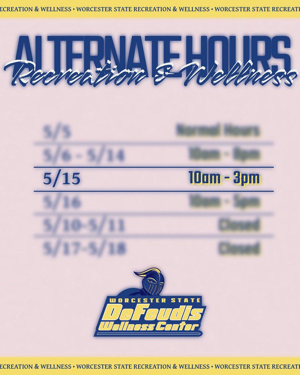 WSU Recreation & Wellness (@wsu_recwellness) on Twitter photo ❗REMINDER❗
The <a href="/WorcesterState/">Worcester State</a> DeFeudis Wellness Center will CLOSE at 🕒3pm🕒 on Thursday, May 15, 2025
#WooFit💪
#ShieldsUp🛡️ ❗REMINDER❗
The <a href="/WorcesterState/">Worcester State</a> DeFeudis Wellness Center will CLOSE at 🕒3pm🕒 on Thursday, May 15, 2025
#WooFit💪
#ShieldsUp🛡️