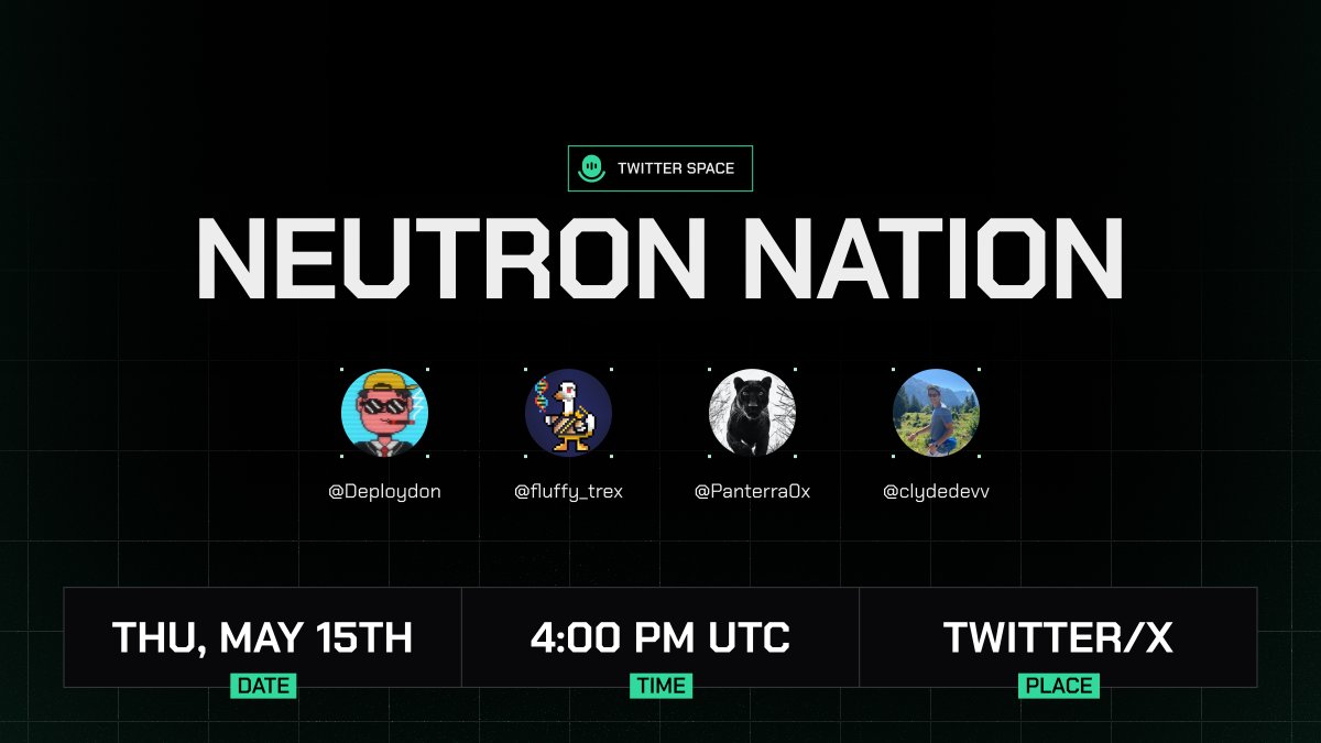 Have you ever created your own trading bot?

What if I told you it can be done with a few quick natural language prompts?

Join <a href="/clydedevv/">Clyde</a> &amp; <a href="/Deploydon/">Deploydon 🇨🇳</a> this Thursday for a special edition of Neutron Nation to learn how it works

SET A REMINDER: x.com/i/spaces/1kvJp…