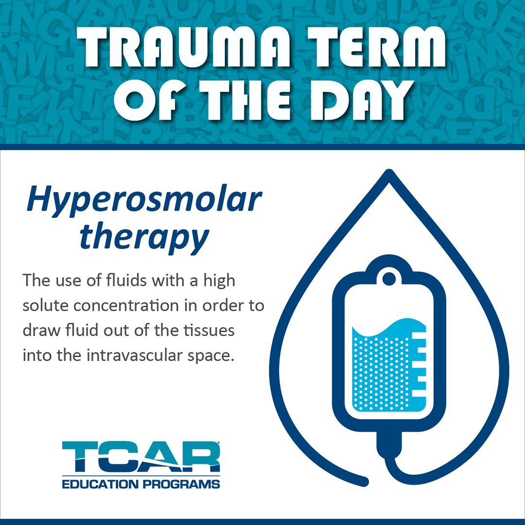 Searching for trauma term definition? Click on our interactive glossary, bit.ly/traumaglossary. You'll find definitions for terms like Hypersmolar therapy: the use of fluids with a high solute concentration used to draw fluid out of tissues and into the intravascular space.
