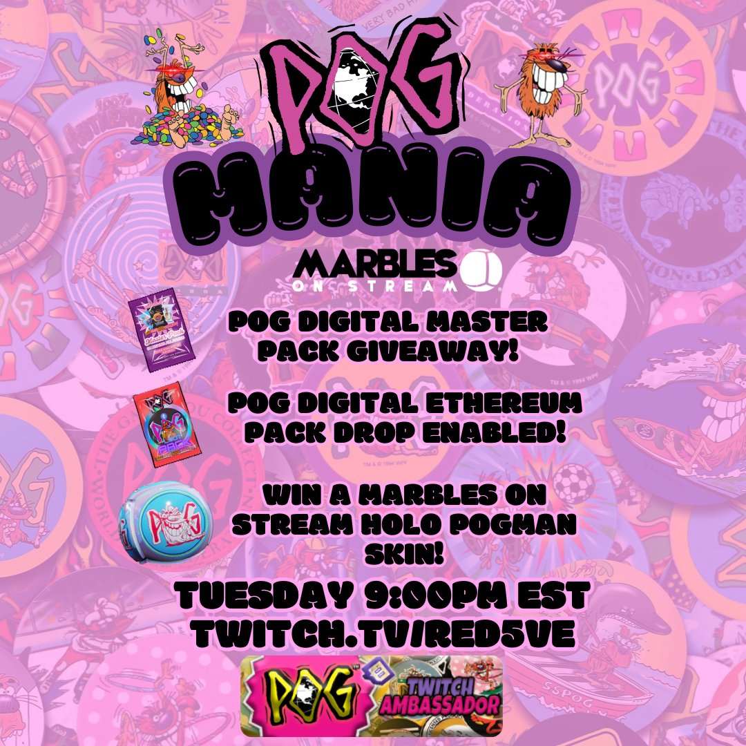 red5ve's tweet image. POG-MANIA | 5/13 9:00pm EST | 90s Music | FUN
✅POG Digital Master Pack Giveaway
✅MOS POGMAN Skin Giveaway!
✅POG Ethereum Pack Drop - ENABLED!
If this post gets 20 likes and 10 RTs unlocks Mega POG Pack Giveaway on Stream!
twitch.tv/red5ve @PogDigital @MarblesOnStream
