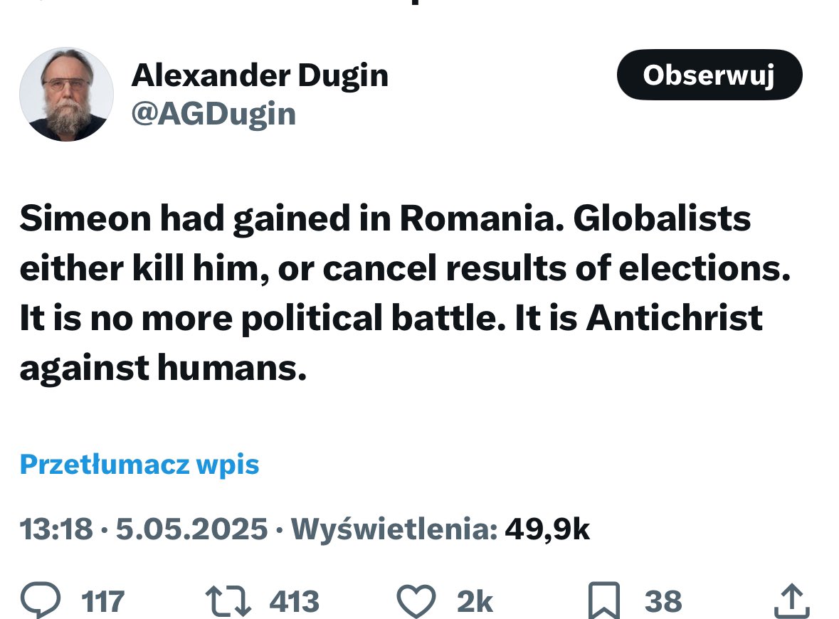 Ideolog Kremla Aleksandr Dugin wspiera George Siomona. George Simon wspiera Nawrockiego. Fajne towarzystwo.