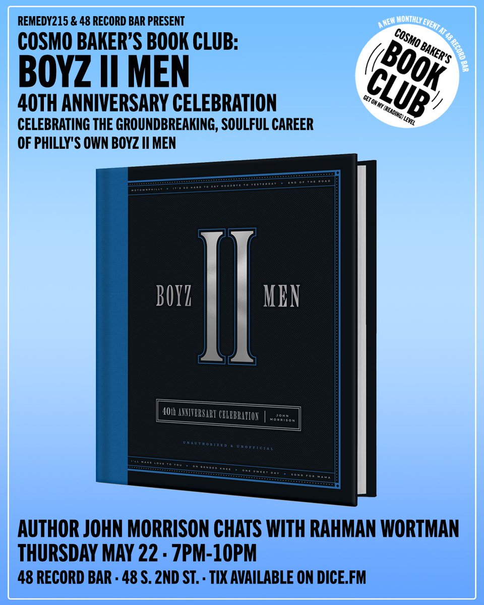 John Morrison (@john_liberator) on Twitter photo Philly!
On Thursday, May 22nd, we're hosting a release party for my Boyz II Men book at 48 Record Bar.
S/O to my man <a href="/CosmoBaker/">COSMO BAKER</a> for including me in his excellent book club series.
Tickets: tinyurl.com/4mdu979n Philly!
On Thursday, May 22nd, we're hosting a release party for my Boyz II Men book at 48 Record Bar.
S/O to my man <a href="/CosmoBaker/">COSMO BAKER</a> for including me in his excellent book club series.
Tickets: tinyurl.com/4mdu979n