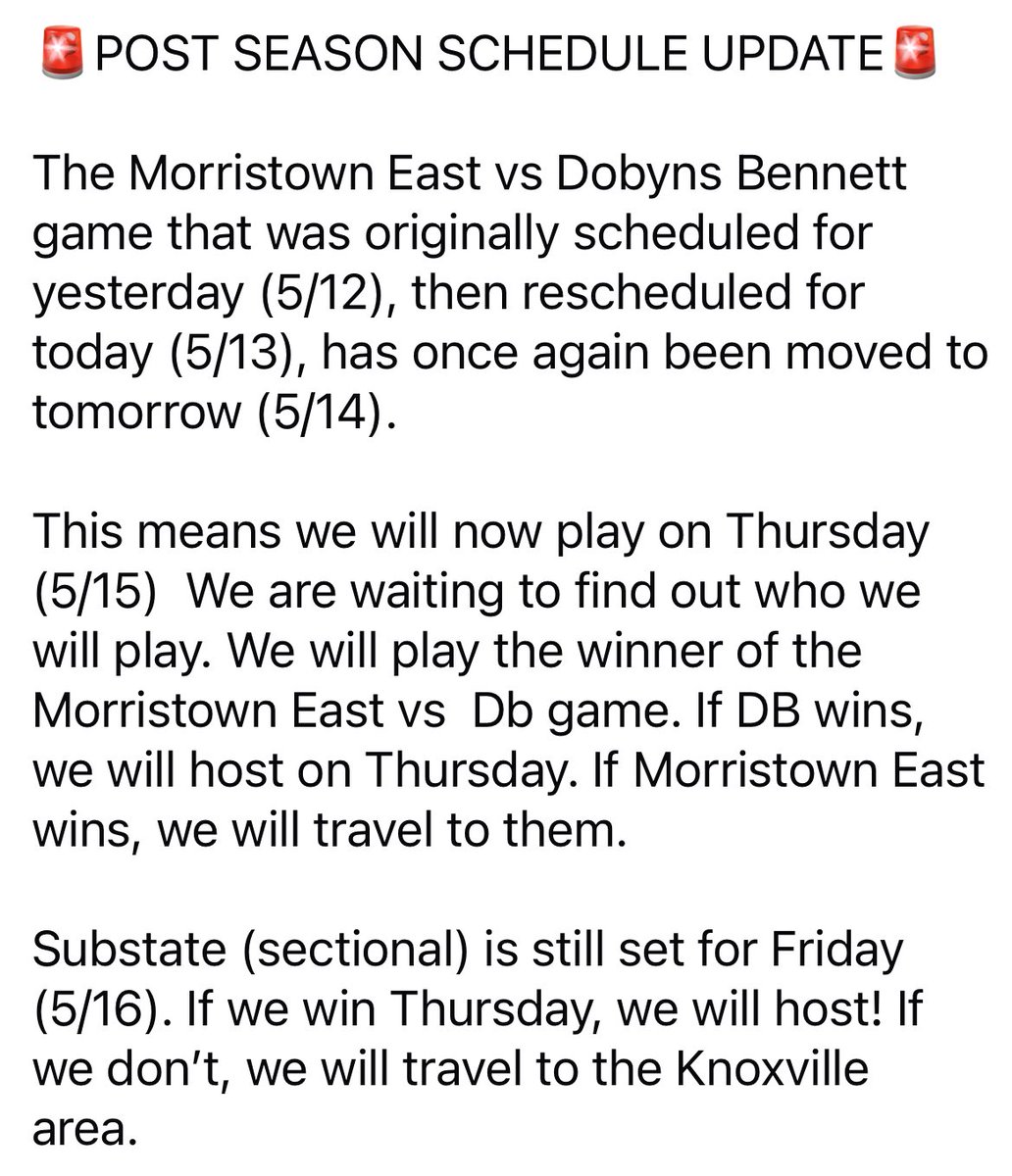 🚨POST SEASON SCHEDULE UPDATE🚨
Region Finals will now be Thursday 5/15. See photo for more info. Let’s go Toppers!   🎩🥎❤️