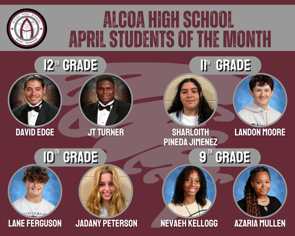 🎉Congratulations to our April Students of the Month! 

9th - Nevaeh Kellogg &amp; Azaria Mullen
10th - Lane Ferguson &amp;Jadany Peterson 
11th - Sharloith Pineda Jimenez &amp; Landon Moore
12th - JT Turner &amp; David Edge

edl.io/n2070393