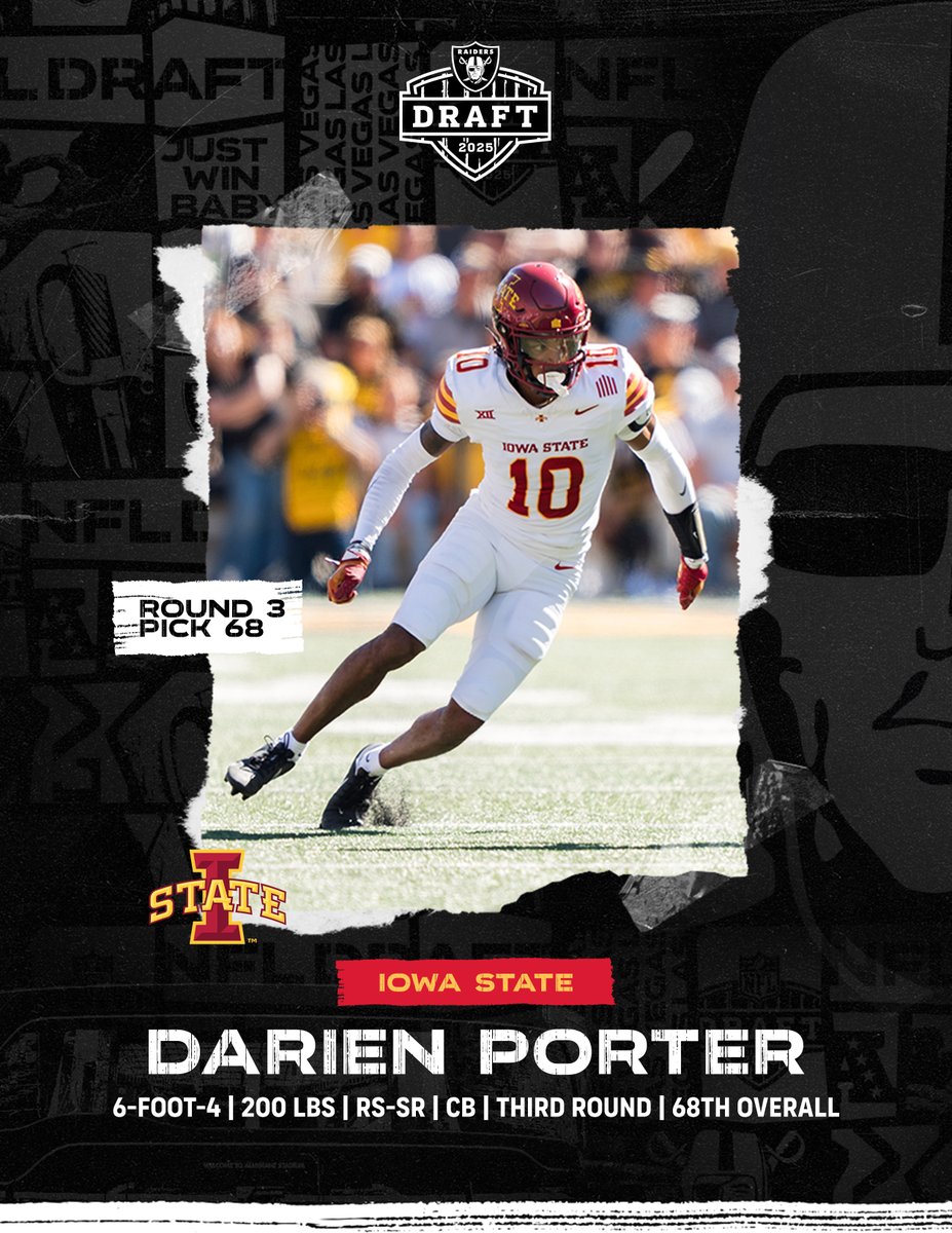 RAIDERS_PR's tweet image. #RAIDERS ROSTER NEWS:
- Signed Las Vegas @Raiders 2025 third-round draft pick (68th overall), CB Darien Porter (@DarienPorter10)
#RaiderNation
