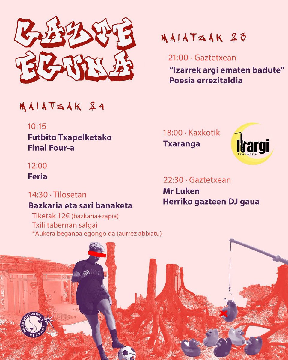Badator GAZTE EGUNA!🔥🍻

Maiatzaren 24 an egun osoko egitaraua eukiko deu!!💥💥💥

🎟️Bazkariko tiketak Txilin 12€tan. (Aukera beganoa dago, aldez aurretik abixatu)