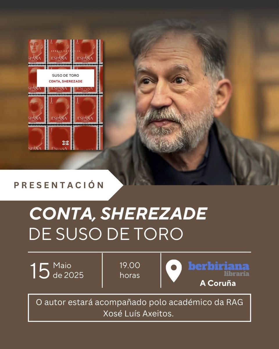 O xoves 15 ás 19h. estará con nós Suso de Toro, en conversa con Xosé Luis Axeitos, para presentar a súa última novela, "Conta, Sherezade", na que nos sorprende cunha historia na que a literatura  convértese en protagonista e nun medio para comprender a vida.
Esperámosvos!
<a href="/Xerais/">Xerais</a>
