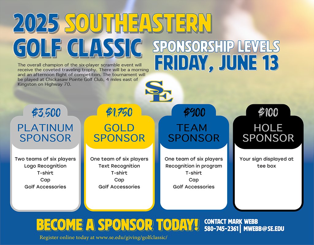 Southeastern Athletics (@gosoutheastern) on Twitter photo Join us for a great tournament, proceeds of which will benefit students and programs at <a href="/SE1909/">Southeastern Oklahoma State University</a>.
Sponsor and team registrations will receive flight selection priority. If you don't have a team, you may register as an individual for $150. You will be placed on a team and in a Join us for a great tournament, proceeds of which will benefit students and programs at <a href="/SE1909/">Southeastern Oklahoma State University</a>.
Sponsor and team registrations will receive flight selection priority. If you don't have a team, you may register as an individual for $150. You will be placed on a team and in a