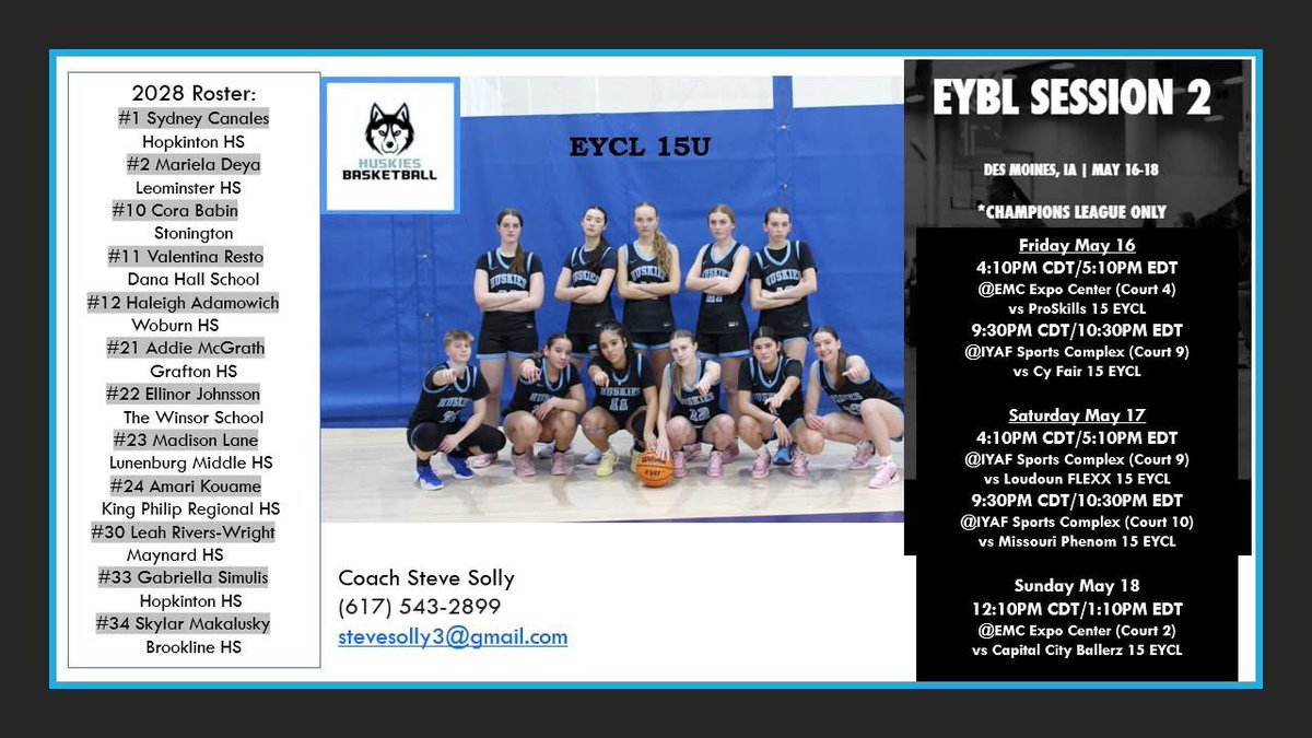 Valentina (@v13resto) on Twitter photo <a href="/NikeGirlsEYBL/">Nike Girls EYBL</a> session 2 is up next. Check out my <a href="/MAHuskies_eycl/">Mass Huskies EYCL</a> 15U team in Des Moines, IA
<a href="/MAHuskies/">MA_Huskies</a> <a href="/SollyCoach/">CoachSolly</a> <a href="/JrAllStarBB/">Jr. All-Star Girls Basketball</a> <a href="/TwinViZuals/">Twin ViZuals</a> <a href="/PRBasketRadar/">Pu🇵🇷rto Rican Basketball Radar 📡</a> <a href="/PGHNewEngland/">Prep Girls Hoops New England</a> <a href="/NEPSGBCA/">NEPSGBCA</a> <a href="/2FleeTv/">2FleeTv</a> <a href="/hoopsnri/">HOOPS N RI🏀</a>
#2025eycl #RoadtoCHI <a href="/NikeGirlsEYBL/">Nike Girls EYBL</a> session 2 is up next. Check out my <a href="/MAHuskies_eycl/">Mass Huskies EYCL</a> 15U team in Des Moines, IA
<a href="/MAHuskies/">MA_Huskies</a> <a href="/SollyCoach/">CoachSolly</a> <a href="/JrAllStarBB/">Jr. All-Star Girls Basketball</a> <a href="/TwinViZuals/">Twin ViZuals</a> <a href="/PRBasketRadar/">Pu🇵🇷rto Rican Basketball Radar 📡</a> <a href="/PGHNewEngland/">Prep Girls Hoops New England</a> <a href="/NEPSGBCA/">NEPSGBCA</a> <a href="/2FleeTv/">2FleeTv</a> <a href="/hoopsnri/">HOOPS N RI🏀</a>
#2025eycl #RoadtoCHI
