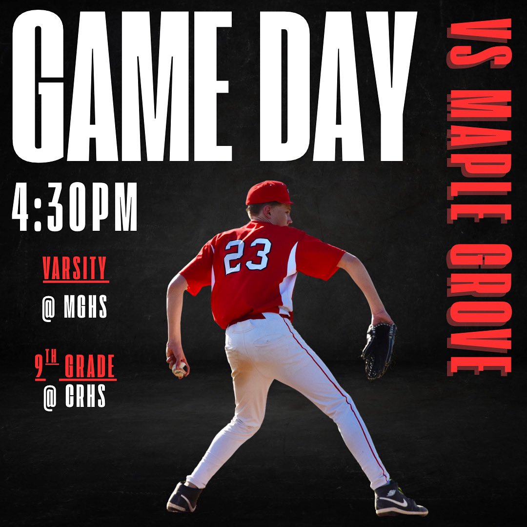 GAME DAY ⚾️
🆚 Maple Grove
Varsity @ MG
*UPDATE NO JV GAME!
9th Grade @ CRHS

#CardinalBaseball