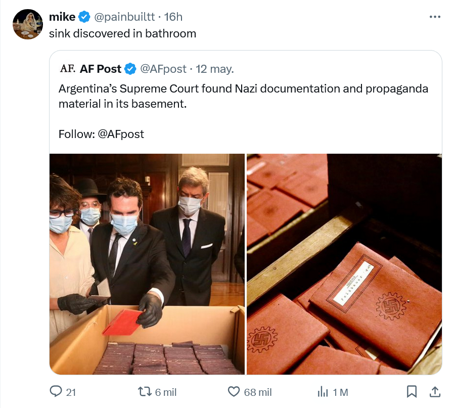 Podríamos ponernos TODOS REALMENTE DE ACUERDO, desde Adorni hasta Bregman, ahora en serio, en tener al menos una puta política de Estado, que sea desmontar este bulo de la Argentina nazi que se han creado los yanquis (que acogieron muchos más) y que derraman sobre América Latina.