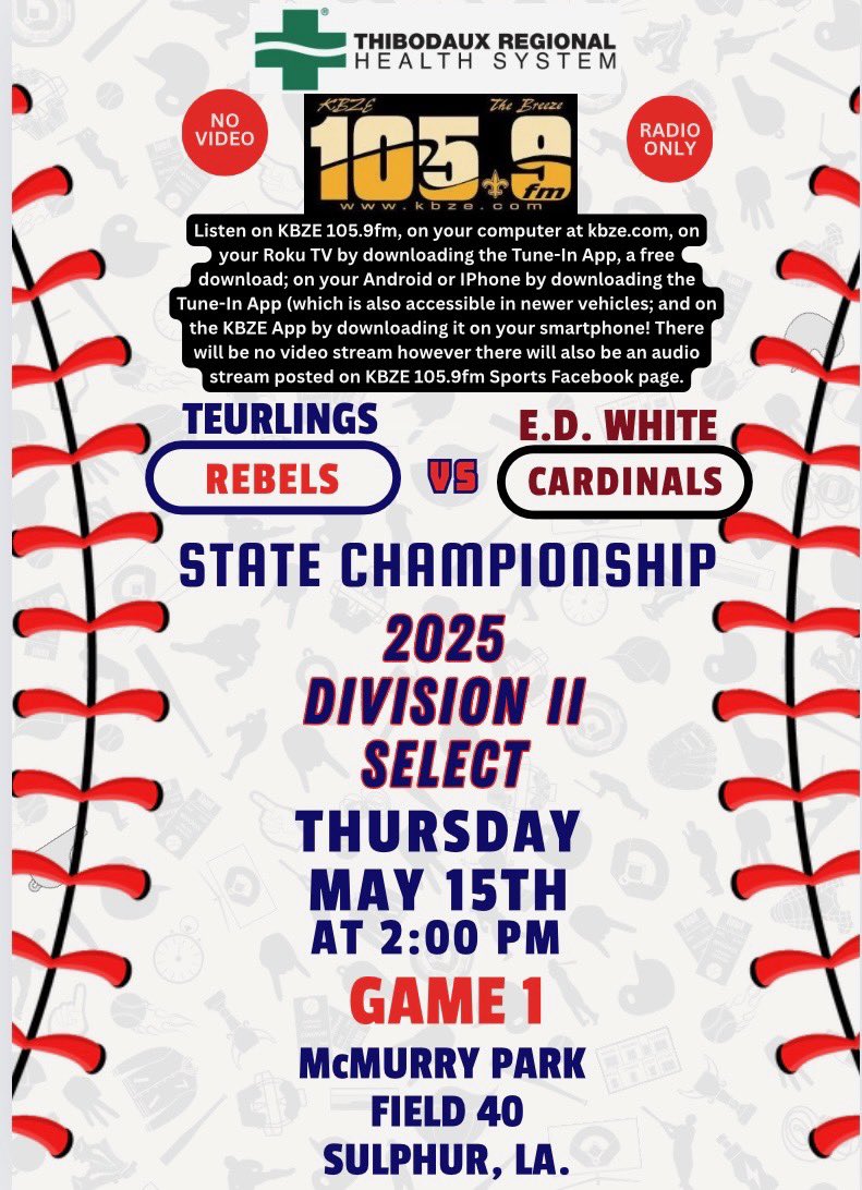 KBZE's tweet image. Join us this Thursday at 2 pm when we bring you the ED White Cardinals in the State Baseball Finals, live from Sulphur. Listen on KBZE 105.9FM; through our KBZE Phone Apps. And on line at kbze.com. 

#edwhitehighschool #edwhite #highschoolsports #highschoolbaseball
