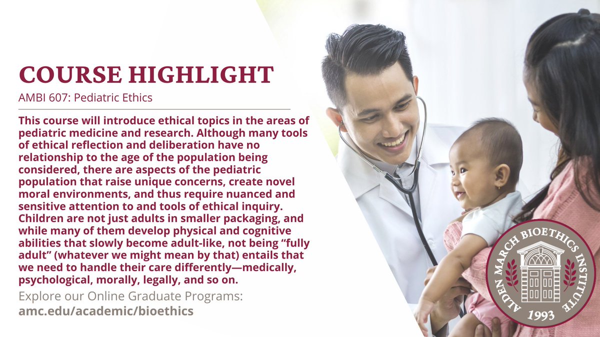 AMBI is excited to highlight an offered fall course, AMBI 607 Pediatric Ethics, Law and Policy. The course will introduce ethical topics in the areas of pediatric medicine and research. Find out more about our courses at: loom.ly/8ETG6nU