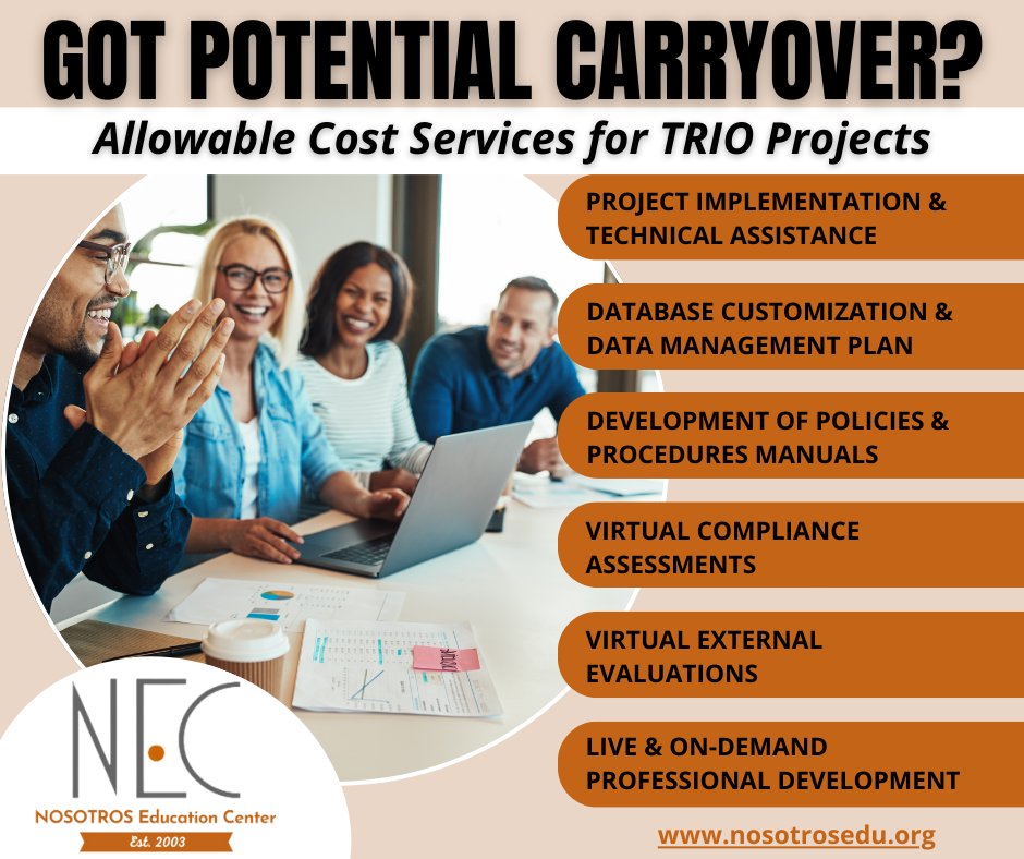 NosotrosEdu's tweet image. Got carryover? NEC has you covered with allowable cost services!
Visit nosotrosedu.org/got-carryover to learn more!
#trioaprhelp #trioapr #trioprofessionaldevelopment #triotechnicalassistance