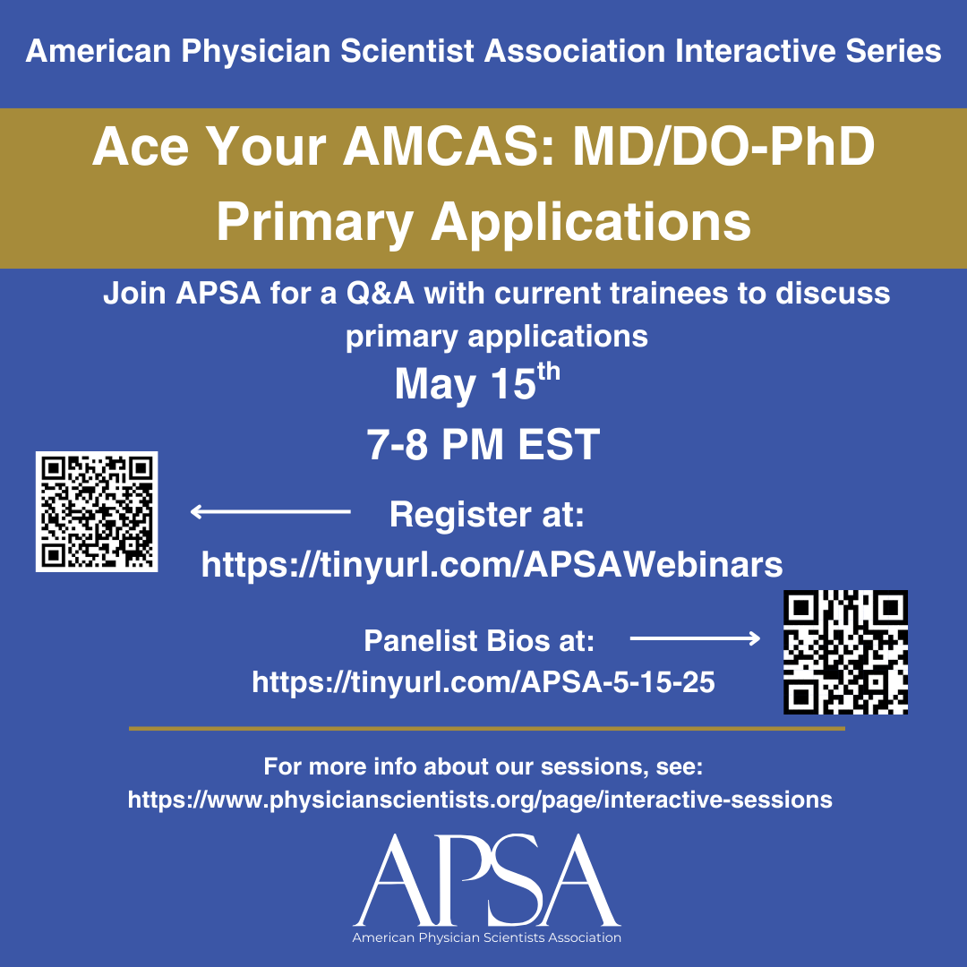 If you are planning to apply to a MD-PhD/DO-PhD program, APSA is supporting you with an interactive session this Thurs at 7PM EST on AMCAS Primary Apps. A panel of current trainees will be available to answer your questions. Anyone can join! Register at ow.ly/RSk950VS2fG!