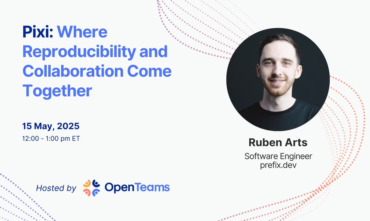 OpenTeams (@openteamsinc) on Twitter photo Struggling with messy dev environments? You’re not alone.
This week, <a href="/rarts_ruby/">Ruben Arts</a> from <a href="/prefix_dev/">prefix.dev</a> joins the OSA Community to unpack:
1. Why “it worked on my machine” is still haunting teams
2. What reproducibility really takes
3. How tools like Pixi are making your life Struggling with messy dev environments? You’re not alone.
This week, <a href="/rarts_ruby/">Ruben Arts</a> from <a href="/prefix_dev/">prefix.dev</a> joins the OSA Community to unpack:
1. Why “it worked on my machine” is still haunting teams
2. What reproducibility really takes
3. How tools like Pixi are making your life