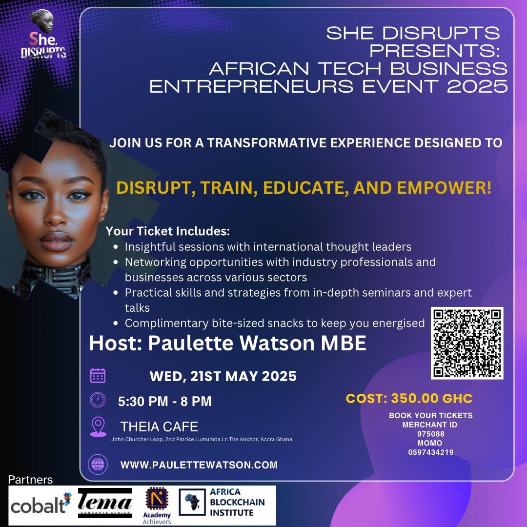 Excited to be speaking at She Disrupts: African Tech Business Entrepreneurs Event 2025! A platform to Disrupt, Train, Educate, and Empower across Africa's tech landscape.
Join us to explore AI, Blockchain, and Quantum Computing. 
🔗 Register: egotickets.com/events/she-dis…