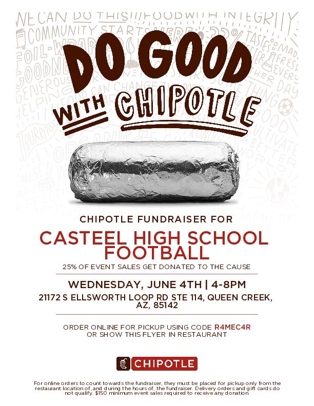 Casteel Football (@casteelfootball) on Twitter photo It's too hot to cook something, go get some Chipotle and support Casteel Football!!!
Tonight between 4-8 p.m. at the QC Marketplace location! #PoundTheRock
<a href="/JoeBushman5/">Joe Bushman</a> <a href="/CasteelAthletic/">Casteel Athletics</a> <a href="/ChipotleTweets/">Chipotle</a> It's too hot to cook something, go get some Chipotle and support Casteel Football!!!
Tonight between 4-8 p.m. at the QC Marketplace location! #PoundTheRock
<a href="/JoeBushman5/">Joe Bushman</a> <a href="/CasteelAthletic/">Casteel Athletics</a> <a href="/ChipotleTweets/">Chipotle</a>