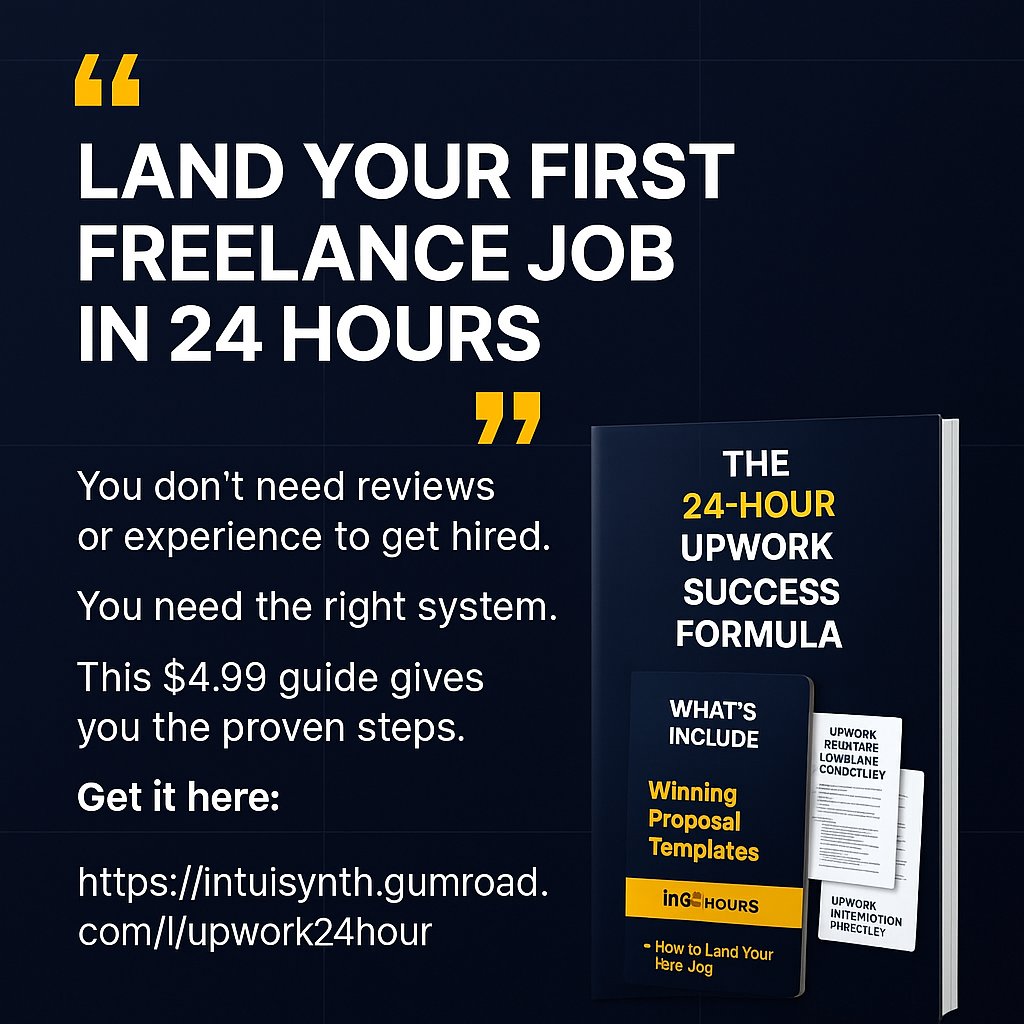intuisynth's tweet image. Struggling to land clients on Upwork?

This 24-hour strategy shows you exactly how to:
✅ Build a winning profile
✅ Send proposals that get responses
✅ Land your first client—even without reviews

intuisynth.gumroad.com/l/upwork24hour #FreelancerSuccess  #FreelanceBeginners #SideHustle