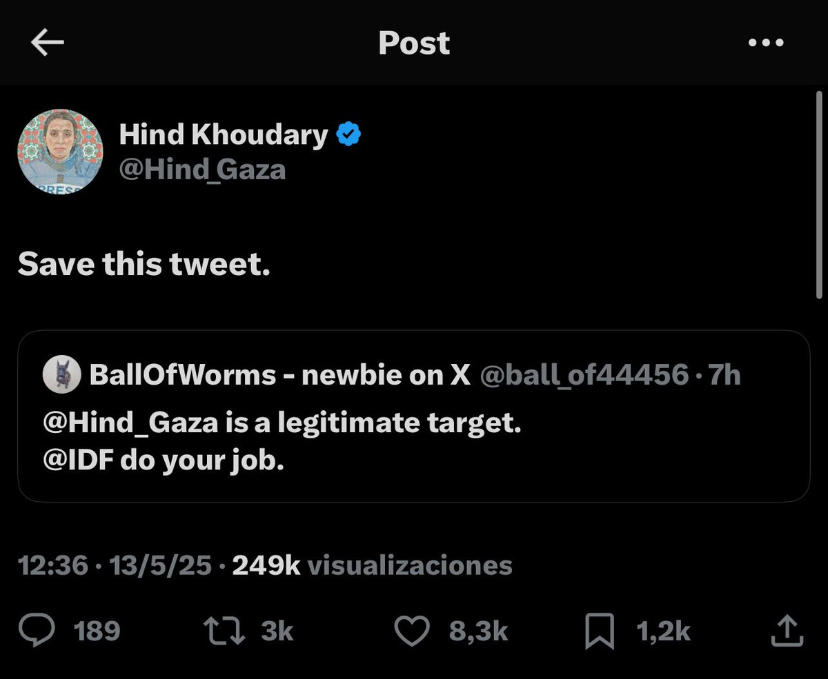 Leyla Hamed (@leylahamed) on Twitter photo Imagine living this. Imagine being one of the few surviving journalists in Gaza, knowing that Israel hunts down and eliminates anyone who shares information, and seeing people on X personally calling for your head.
<a href="/Hind_Gaza/">Hind Khoudary</a> simply says, “Save this tweet.”
We all know why. Imagine living this. Imagine being one of the few surviving journalists in Gaza, knowing that Israel hunts down and eliminates anyone who shares information, and seeing people on X personally calling for your head.
<a href="/Hind_Gaza/">Hind Khoudary</a> simply says, “Save this tweet.”
We all know why.