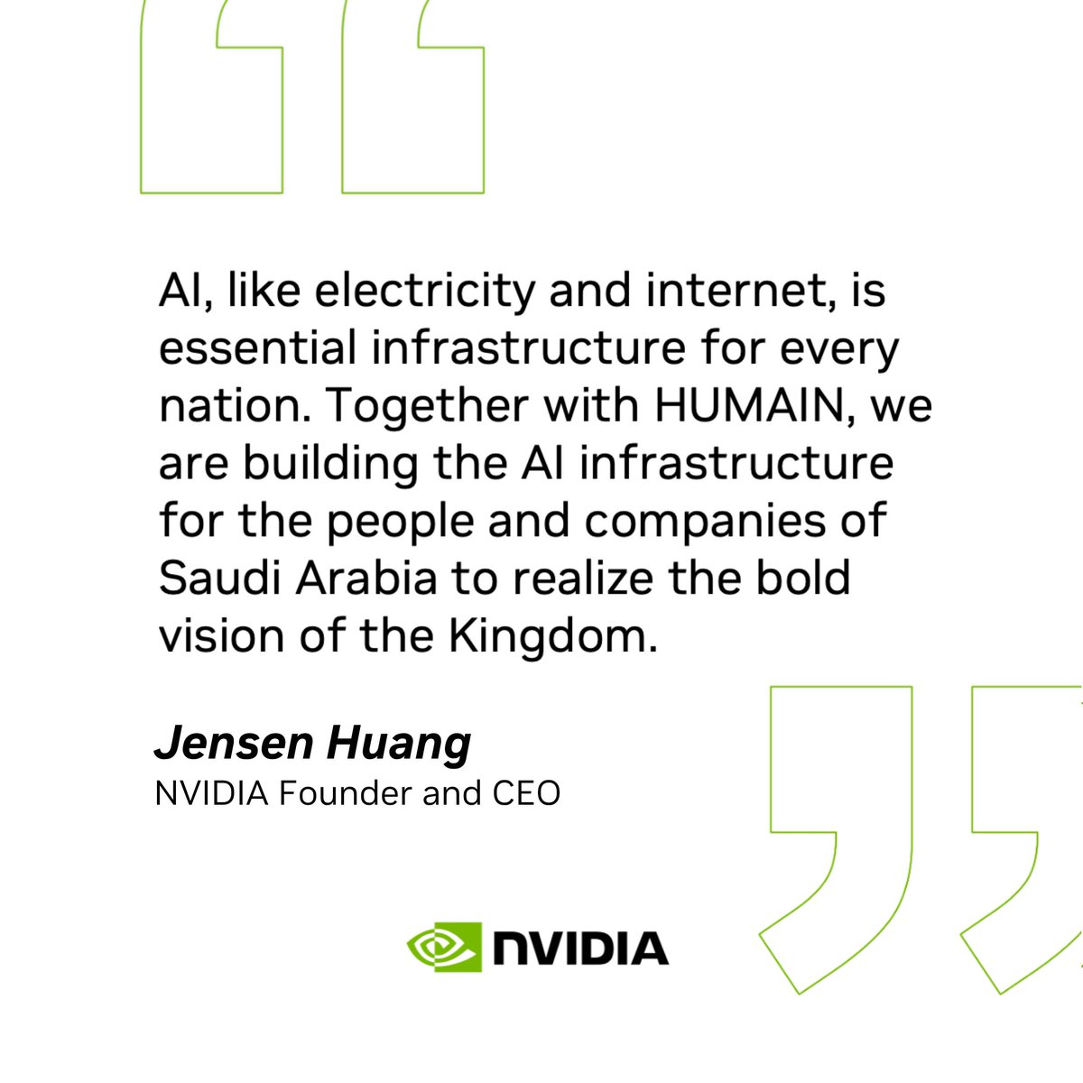NEWS: Saudi Arabia and NVIDIA will build AI factories powering the next wave of intelligence.

NVIDIA will help deploy AI infrastructure, strengthen the regional ecosystem, and train developers and scientists—fueling growth and prosperity in the region. ➡️nvda.ws/44wH0RH