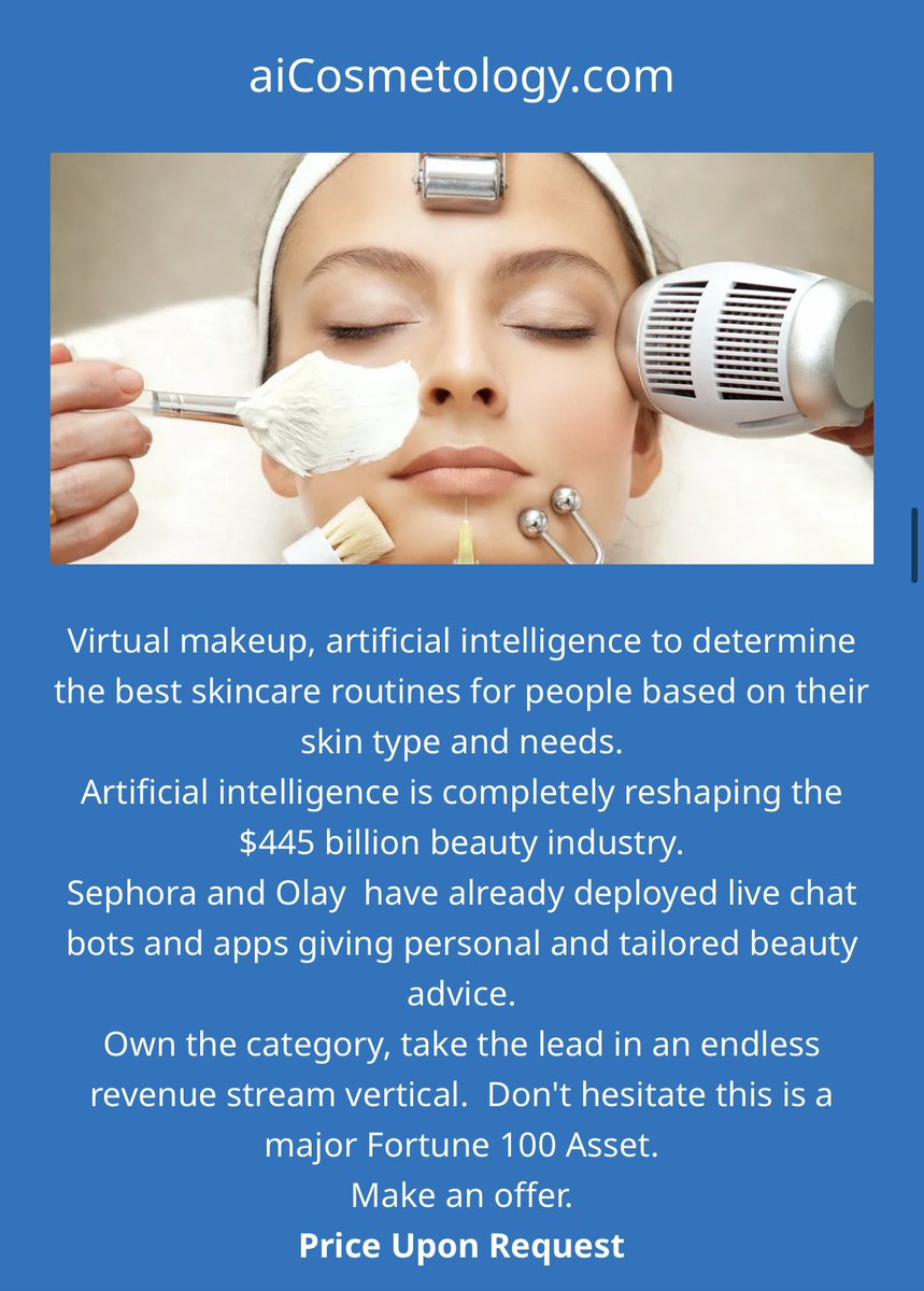 For Sale: AICosmetology.com
The perfect domain for a brand at the intersection of AI &amp; beauty. Ideal for startups, blogs, edtech, or product lines merging tech + cosmetology.
Make it yours before someone else does!
DM to inquire.