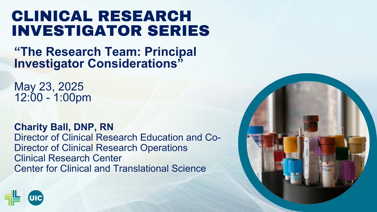 Join our upcoming CRISS webinar, “The Research Team: Principal Investigator Considerations” on 5/23 at 12:00pm CST - ccts.uic.edu/events/criss-m…