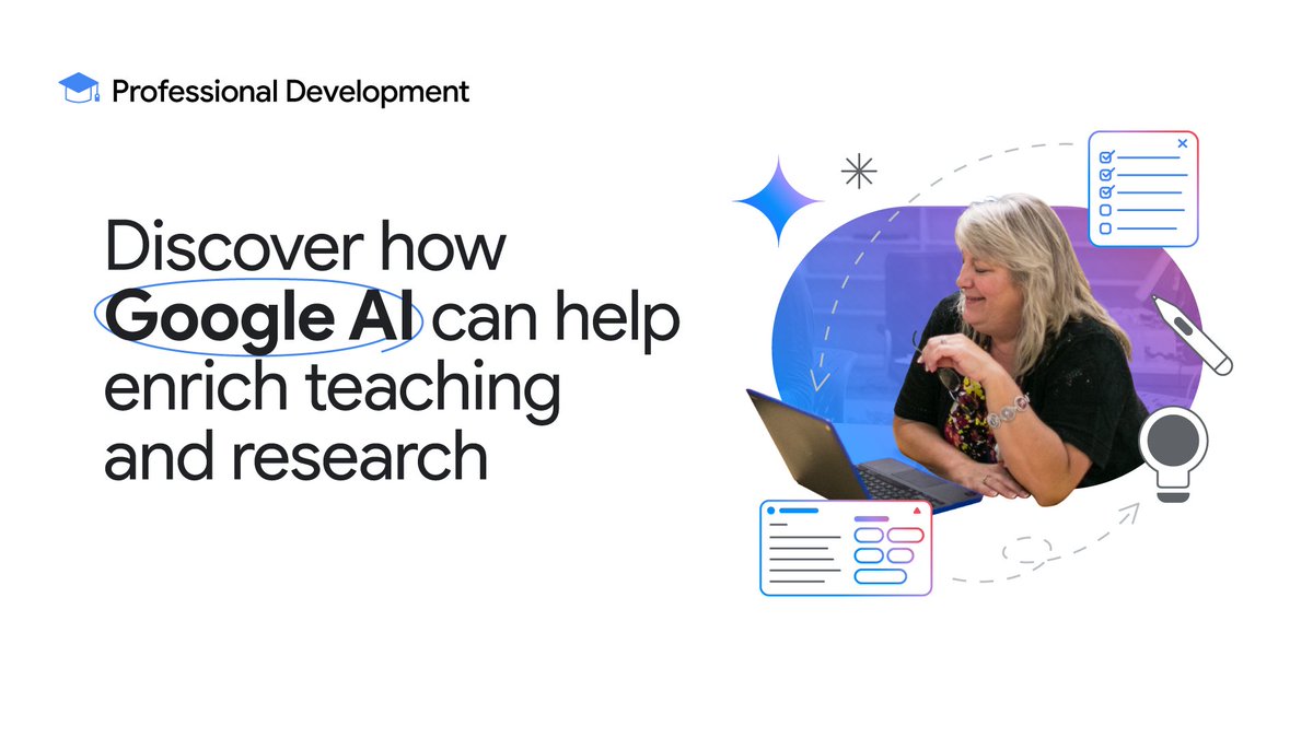 GoogleForEdu's tweet image. How can #AI improve teaching and learning in #HigherEd? Discover how @GoogleAI enhances teaching, research, and student engagement in our latest course. From fundamentals to real-world applications, gain the knowledge to navigate the future of learning. goo.gle/AI4HE