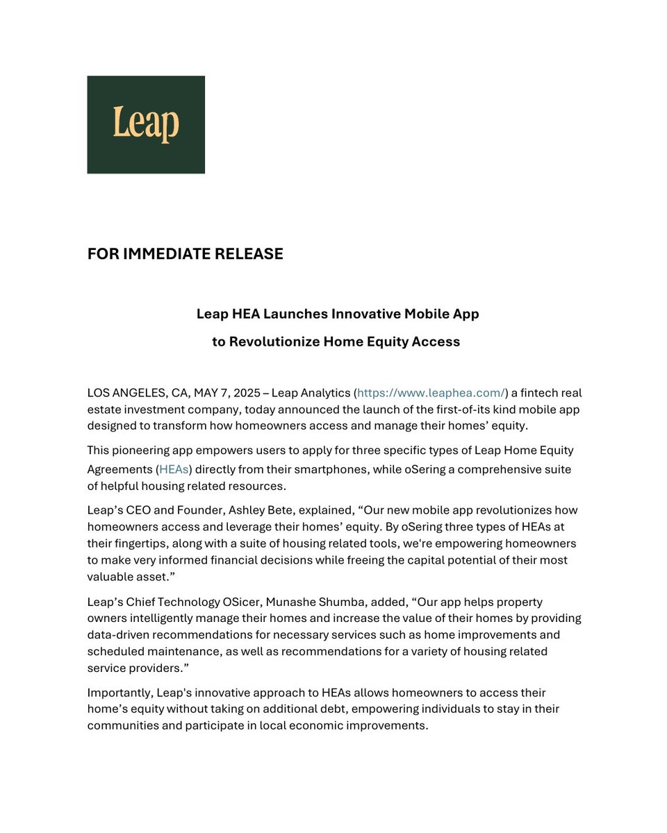 leap_hea_'s tweet image. Leap&apos;s first-of-its-kind mobile app is designed to transform how homeowners access and manage their homes’ equity, empowering users to apply for three specific types of Leap Home Equity Agreements (HEAs) directly from their mobile phones as well as access housing related service…
