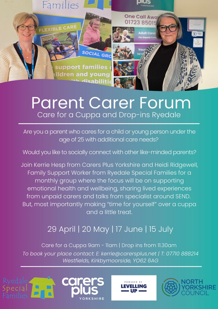 North Yorkshire Together (@nyorkstogether) on Twitter photo Are you a parent who cares for a child or young person under the age of 25 with additional care needs?
Care for a Cuppa runs once a month from 9am - 11am and scheduled for the following dates: 20 May | 17 June | 15 July
To book your place, please email: kerrie@carersplus.net Are you a parent who cares for a child or young person under the age of 25 with additional care needs?
Care for a Cuppa runs once a month from 9am - 11am and scheduled for the following dates: 20 May | 17 June | 15 July
To book your place, please email: kerrie@carersplus.net
