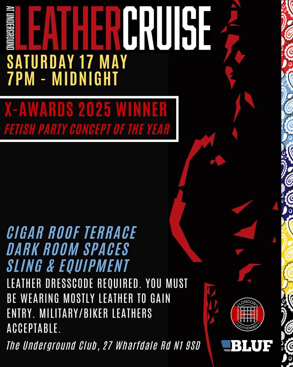 Leather Cruise returns on Saturday ❤️🖤 We look forward to seeing you down at the Underground Club.
<a href="/LDNLeather/">LondonLeatherMen</a> 
<a href="/BLUFclub/">BLUF Director, Nigel</a>