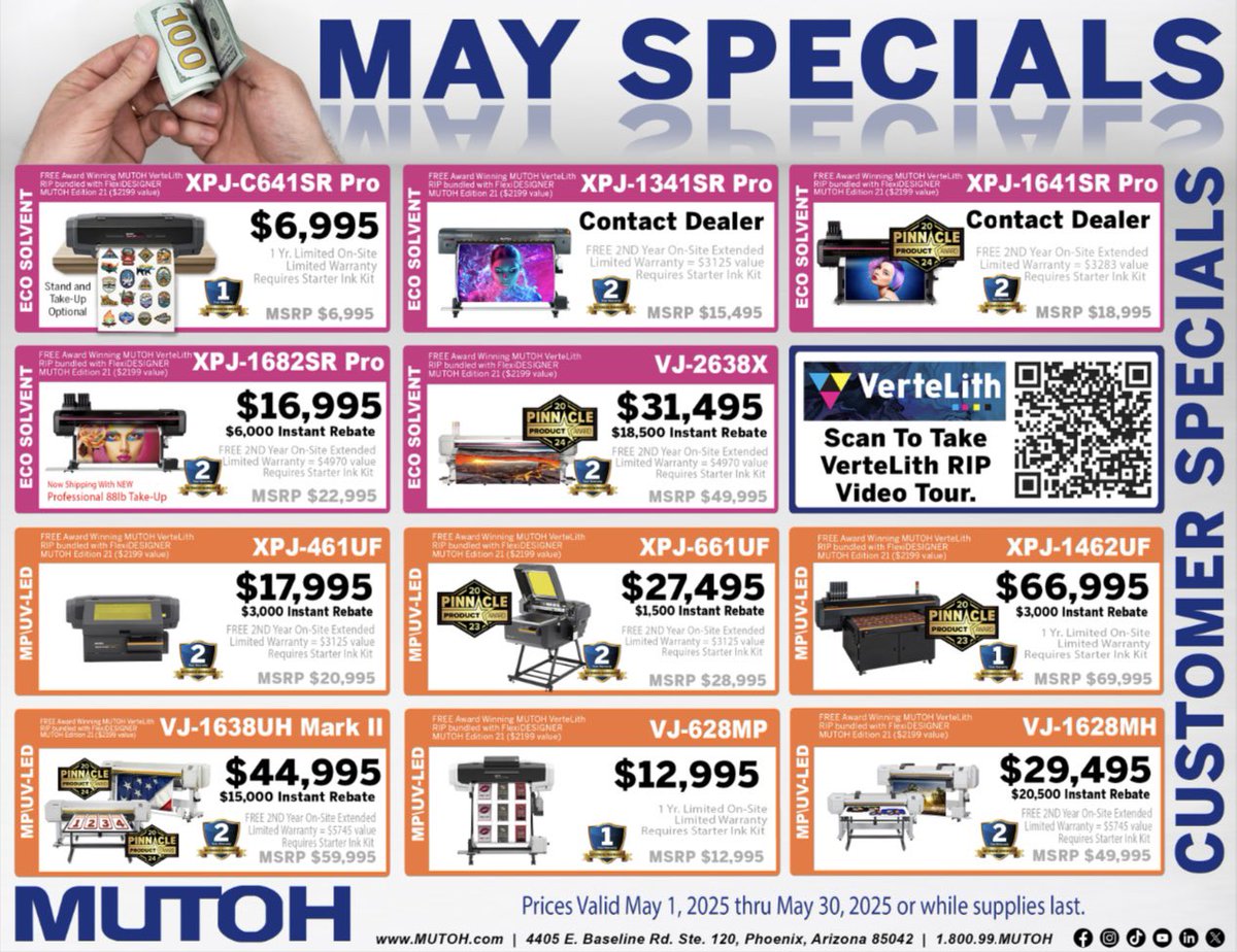 MutohAmerica's tweet image. 🔥 May Printer Specials Are Here! 🔥

Save BIG on MUTOH’s UV, Eco-Solvent &amp;amp; Dye-Sub printers! Plus, we’ll MATCH any manufacturer’s advertised price. 🤩 

Don’t miss out! Offers end May 31! 💥

#MUTOH #PrinterSpecials #uvprint #ecosolvent #dyesublimation #specials #deals