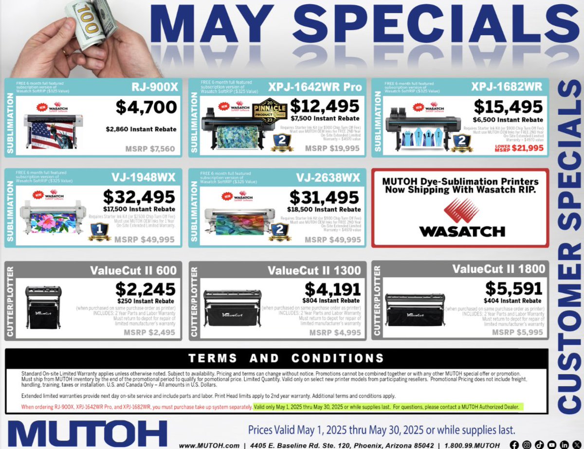 MutohAmerica's tweet image. 🔥 May Printer Specials Are Here! 🔥

Save BIG on MUTOH’s UV, Eco-Solvent &amp;amp; Dye-Sub printers! Plus, we’ll MATCH any manufacturer’s advertised price. 🤩 

Don’t miss out! Offers end May 31! 💥

#MUTOH #PrinterSpecials #uvprint #ecosolvent #dyesublimation #specials #deals