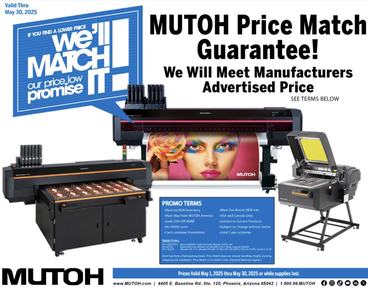 MutohAmerica's tweet image. 🔥 May Printer Specials Are Here! 🔥

Save BIG on MUTOH’s UV, Eco-Solvent &amp;amp; Dye-Sub printers! Plus, we’ll MATCH any manufacturer’s advertised price. 🤩 

Don’t miss out! Offers end May 31! 💥

#MUTOH #PrinterSpecials #uvprint #ecosolvent #dyesublimation #specials #deals