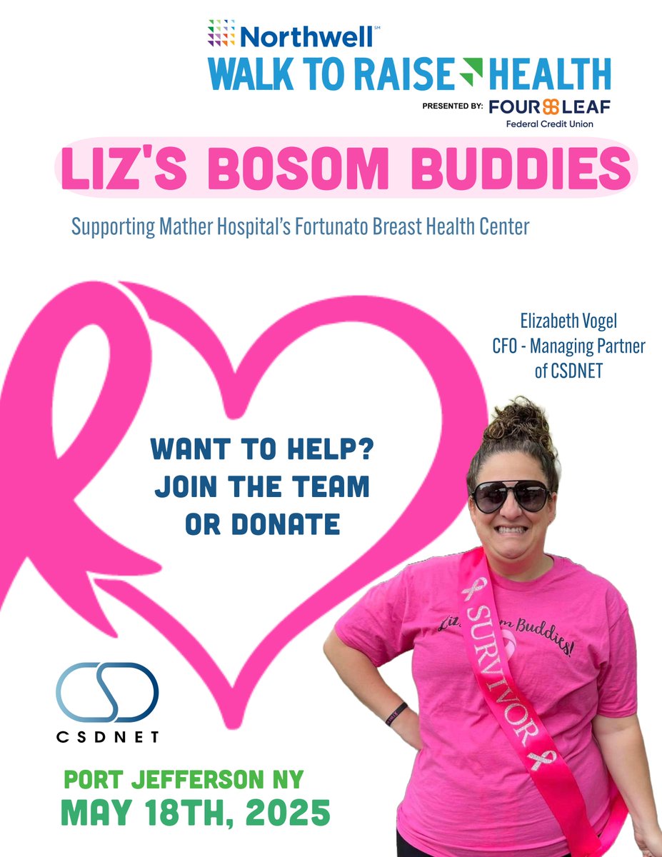 CSDNET's tweet image. Please support the CSDNET Family &amp;amp; Mather Hospital&apos;s Fortunato Breast Health Center in Port Jefferson!
Walk is this Sunday!!!
link: northwellwalk.com/team/7689
#csdnet @matherhospital @NorthwellHealth