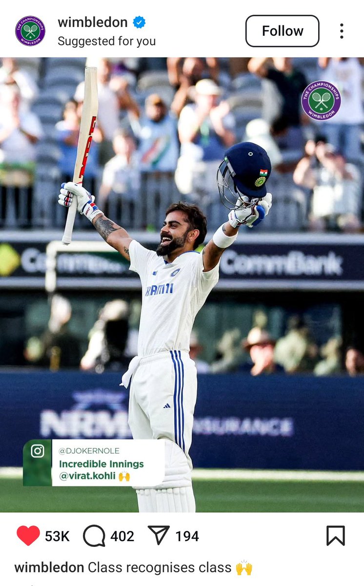 Wimbledon's Instagram post for Virat Kohli. 👑

- King Kohli, The Global Superstar! 🐐