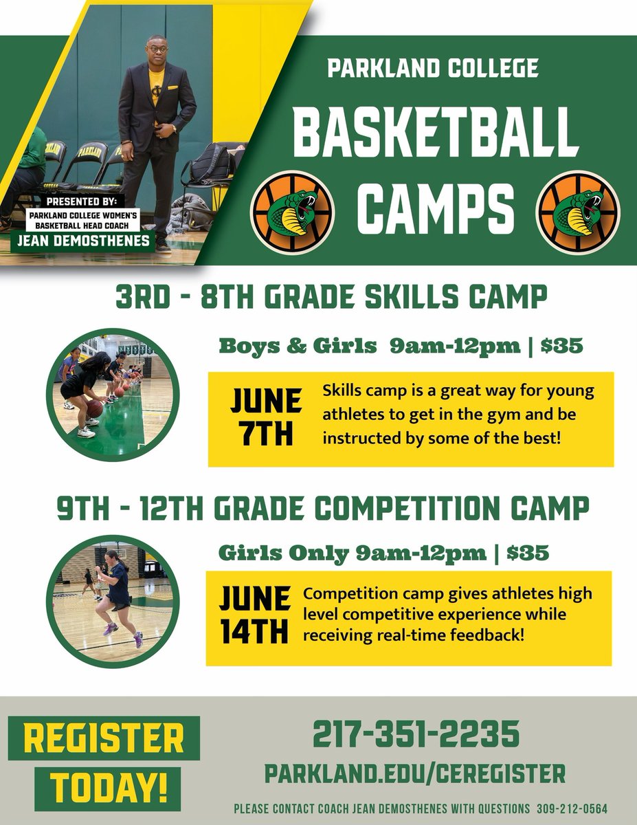 Parkland women’s basketball is offering a few camps this summer! In June, there will be a skills camp and competition camp. In August, there will be an elite camp. If you or anyone you know is interested, contact head coach Jean Demosthenes!