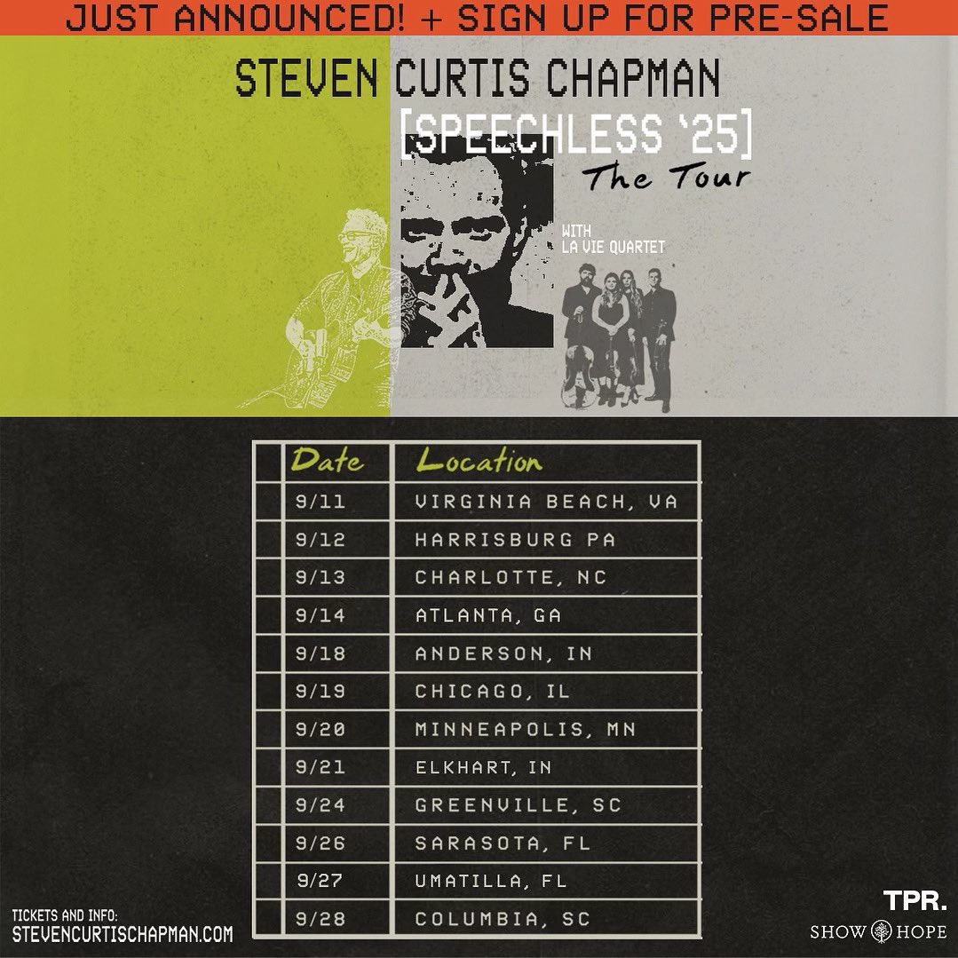 Eric McClanahan (@ineverglow) on Twitter photo 🚨Giveaway🚨
🎟️ Win two tickets to the #Speechless25 show of your choice.
☑️ Just hit the repost (retweet) button on this post, and be sure you’re following @ineverglow and <a href="/StevenCurtis/">Steven Curtis Chapman</a>, and you’ll be entered to win.
🏆 Winner will be chosen across all platforms at random 🚨Giveaway🚨
🎟️ Win two tickets to the #Speechless25 show of your choice.
☑️ Just hit the repost (retweet) button on this post, and be sure you’re following @ineverglow and <a href="/StevenCurtis/">Steven Curtis Chapman</a>, and you’ll be entered to win.
🏆 Winner will be chosen across all platforms at random