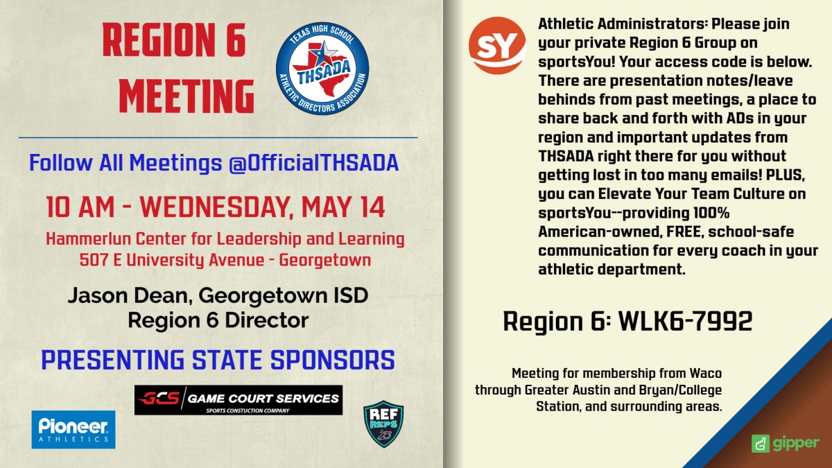 FINAL REMINDER: Tomorrow is our final Region 6 Meeting of the school year.