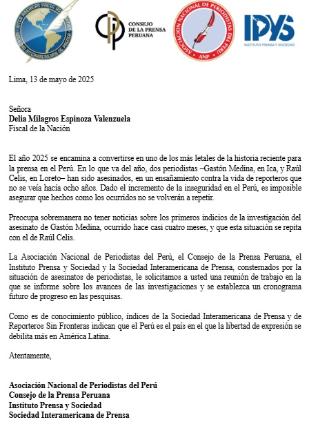 El Consejo de la Prensa Peruana, junto con <a href="/ANP_periodistas/">ANP Perú</a>, <a href="/IPYS/">IPYS</a> y <a href="/sip_oficial/">SIP • IAPA</a> solicitan una reunión a la fiscal de la nación (<a href="/FiscaliaPeru/">Ministerio Público</a>), Delia Espinoza, por los asesinatos de dos periodistas en lo que va del año.

consejoprensaperuana.org.pe/asociaciones-d…