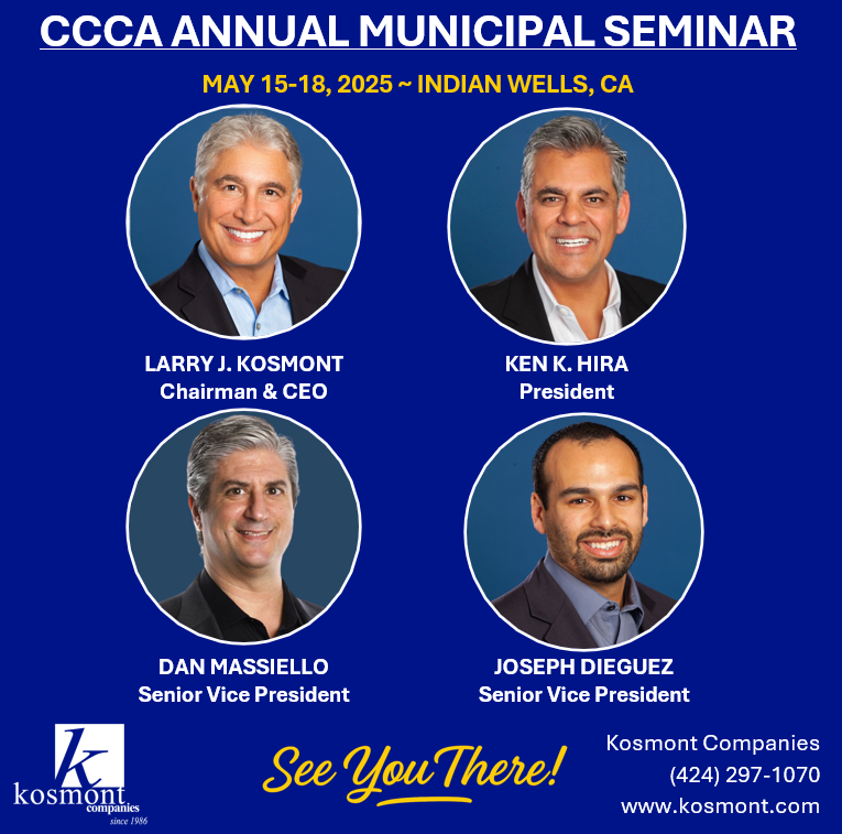 Next stop: Indian Wells! The #Kosmont team is excited to attend the California Contract Cities Association (#CCCA) Annual Municipal Seminar from May 15–18. We look forward to a great conference and hope to see you there!