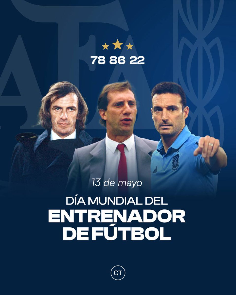 En el Día Mundial del Entrenador de Fútbol, un saludo para todos aquellos que se dedican a formar, dirigir y motivar a los jugadores a lograr los objetivos, especialmente para César Luis Menotti, Carlos Bilardo y Lionel Scaloni, quienes nos hicieron alcanzar la gloria máxima 🙌🏻🇦🇷